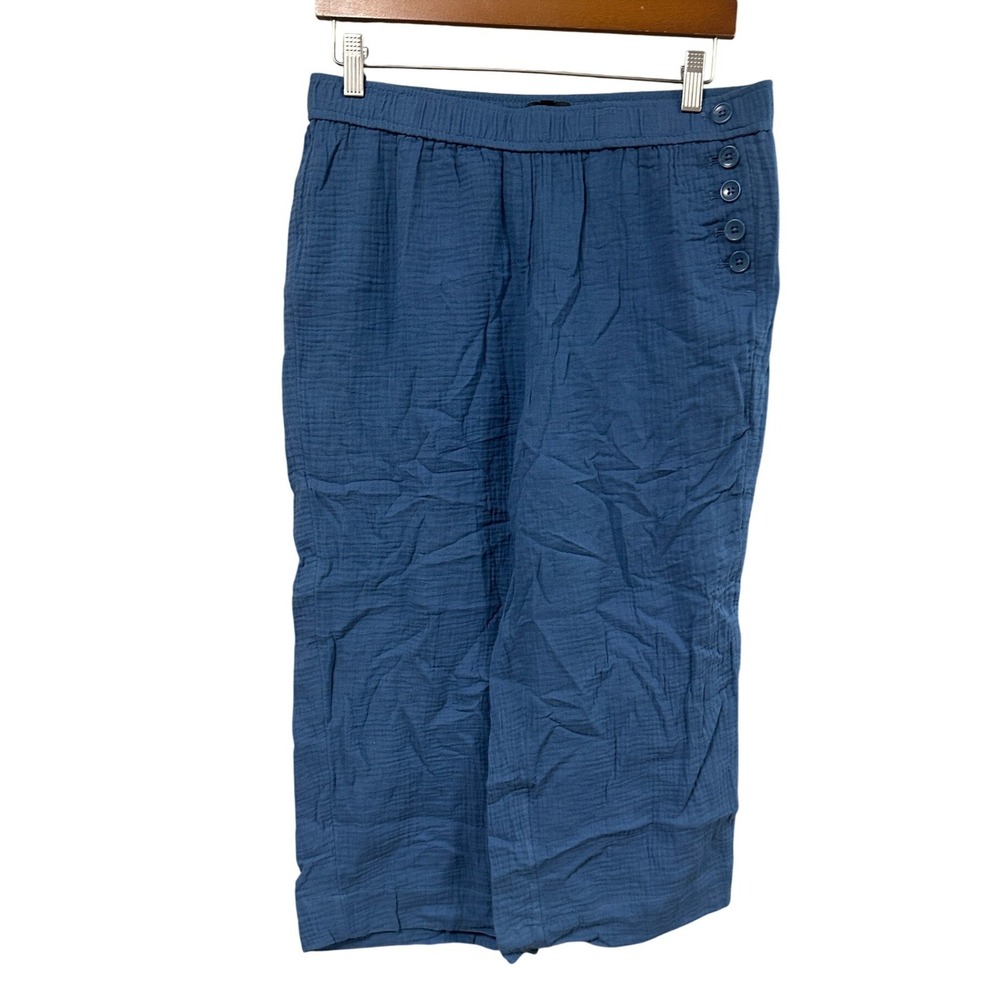Talbots Womens Blue Cotton Gauze Wide Leg Crop Pants Sailor Button MP Petite